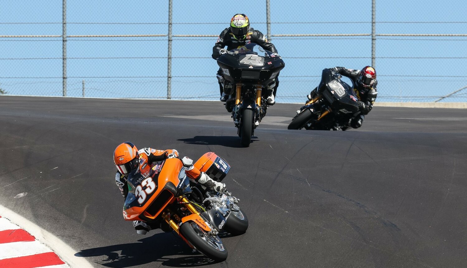 Kyle Wyman (#33) of Harley Davidson's Screamin' Eagle Racing Team negotiating a turn at the 2023 'King of the Baggers' series.